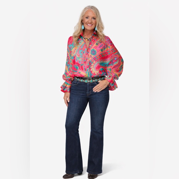 Vibrant Hot Pink, Teal, Light Blue Floral Women's Top Size L - Picture 2 of 8